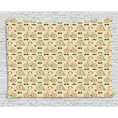 Old Fashioned Bike Retro Tapestry, Hipster Style Pattern with Old Fashioned Bicycles Sunglasses Headphones Cameras Lips, Wall Hanging for Bedroom Living Room Dorm Decor, 80W X 60L Inches, Multicolor, by Ambesonne ()