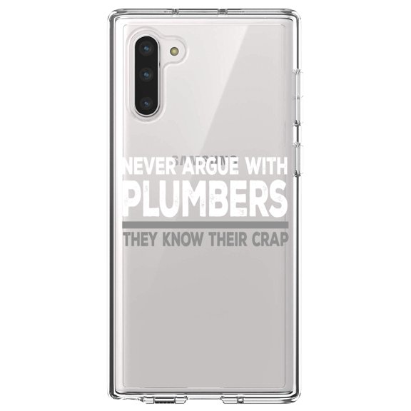 DistinctInk Clear Shockproof Hybrid Case for Samsung Galaxy Note 10 (6.3" Screen) - TPU Bumper Acrylic Back Tempered Glass Screen Protector - Never Argue with Plumbers - Know Their Crap