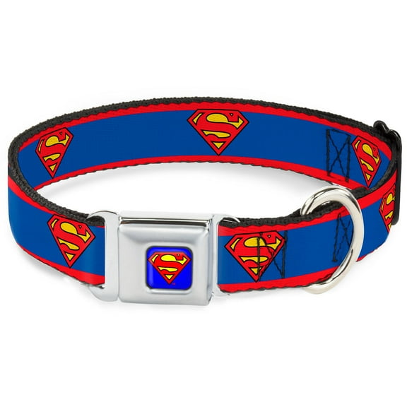DC Comics Pet Collar, Dog Collar Metal Seatbelt Buckle, Superman Shield Stripe Red Blue, 20 to 31 Inches 1.5 Inch Wide