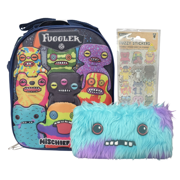 Fuggler Back to School Bundle - Lunch Bag, Gaptooth McGoo Pencil Case, & Fuzzy Stickers