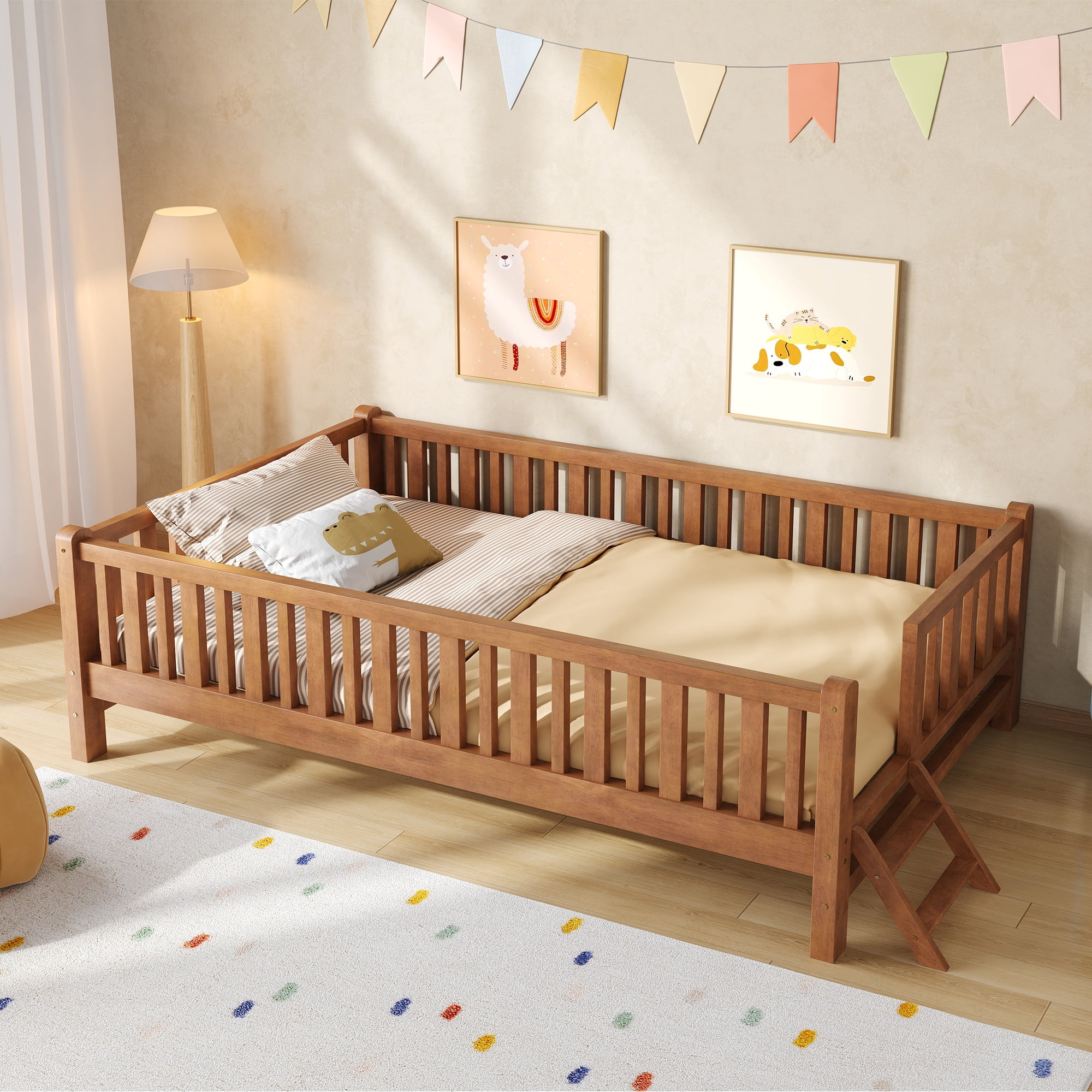 MODERNLUXE Twin Size Platform Bed with Guardrails, Walnut