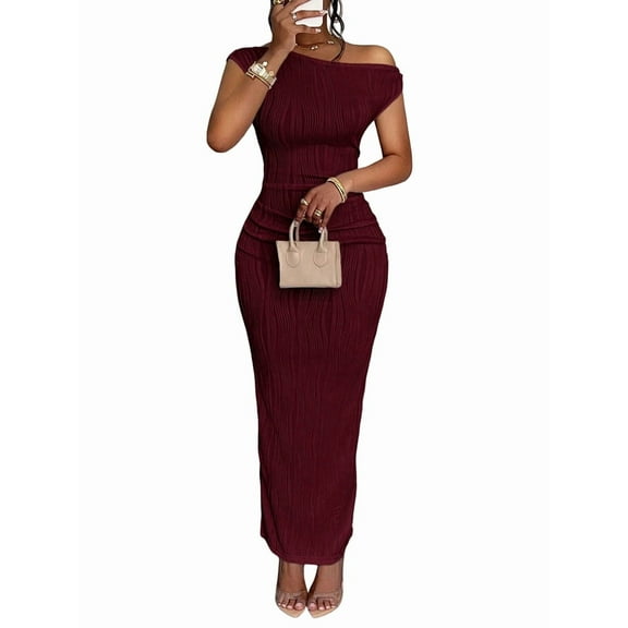 Women'S Elegant Maxi Dress Short Sleeve Bodycon Cocktail Prom Summer Oblique Off-Shoulder Wine Red XL