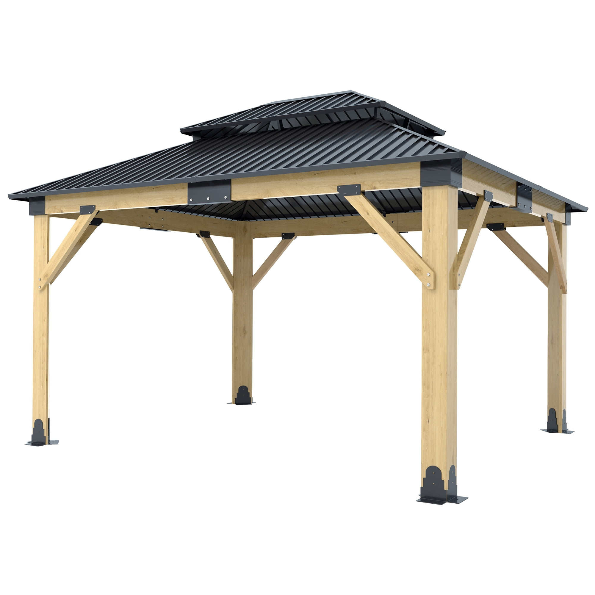 Howsvn 11 x 13 ft. Patio Cedar Wood Hardtop Gazebo, Double Metal Roof Wooden Gazebos for Backyard, Deck, Lawns