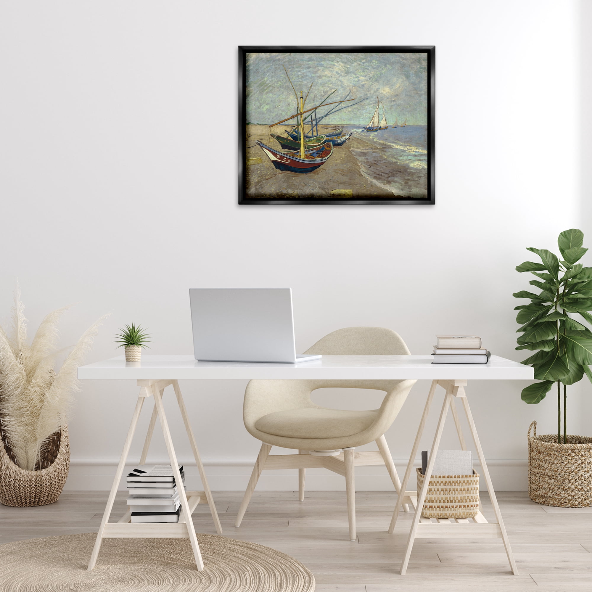 Stupell Industries Classic Fishing Boats on Beach Nautical & Beach Painting Black Floater Framed Canvas Art Print Wall Art, 31 x 25