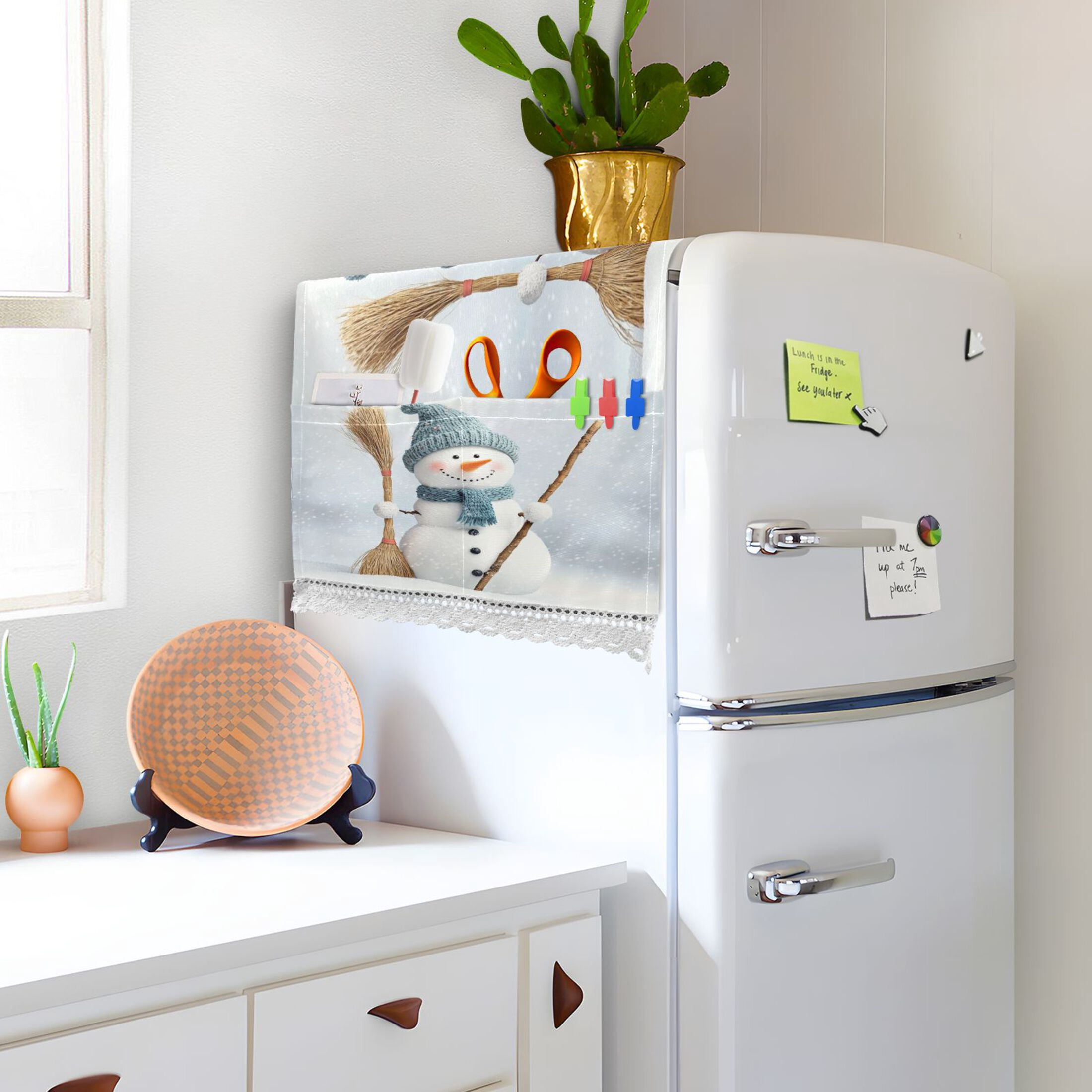 Smiling SnowmanWasher and Dryer Covers Dust-Proof and Oil Resistant Fridge Cover with 4 Storage Pockets Washing Machine Top Cover for Laundry Kitchen Home 51.2 x 22 In