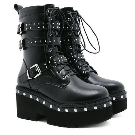 

Women‘s Punk Style Platform Boots Black Adjustable Buckle Belt & Studded Decor Motor Boots Women‘s Footwear