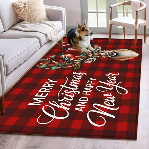 Christmas Deer Area Rug 3x5 Washable Rug Non Slip Red Black Buffalo Plaid Xmas Winter Bird Berry Large Area Rug Indoor Floor Carpet for Entryway Bedroom Kitchen Living Room Office Dining Room Nursery