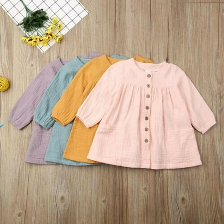 

Toddler Baby Girls Long Sleeve Cotton Linen Button Top Shirt Dresses