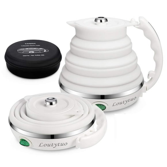 Ultrathin Upgraded Food Grade Silicone Travel Foldable Electric Kettle Boil Dry Protection Portable with Dual Voltage and Separable Power Cord,555ML 110-220V US Plug (White)