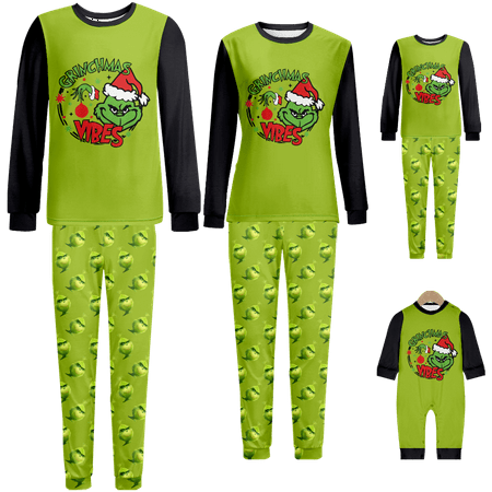 

Holiday Family Matching Christmas Pajamas Sets Merry Christmas Claus Cartoon Green Print Baby-Kids-Adult-Pet Size 2-Piece Top and Pants Bodysuits Sleepwear Pajamas Set