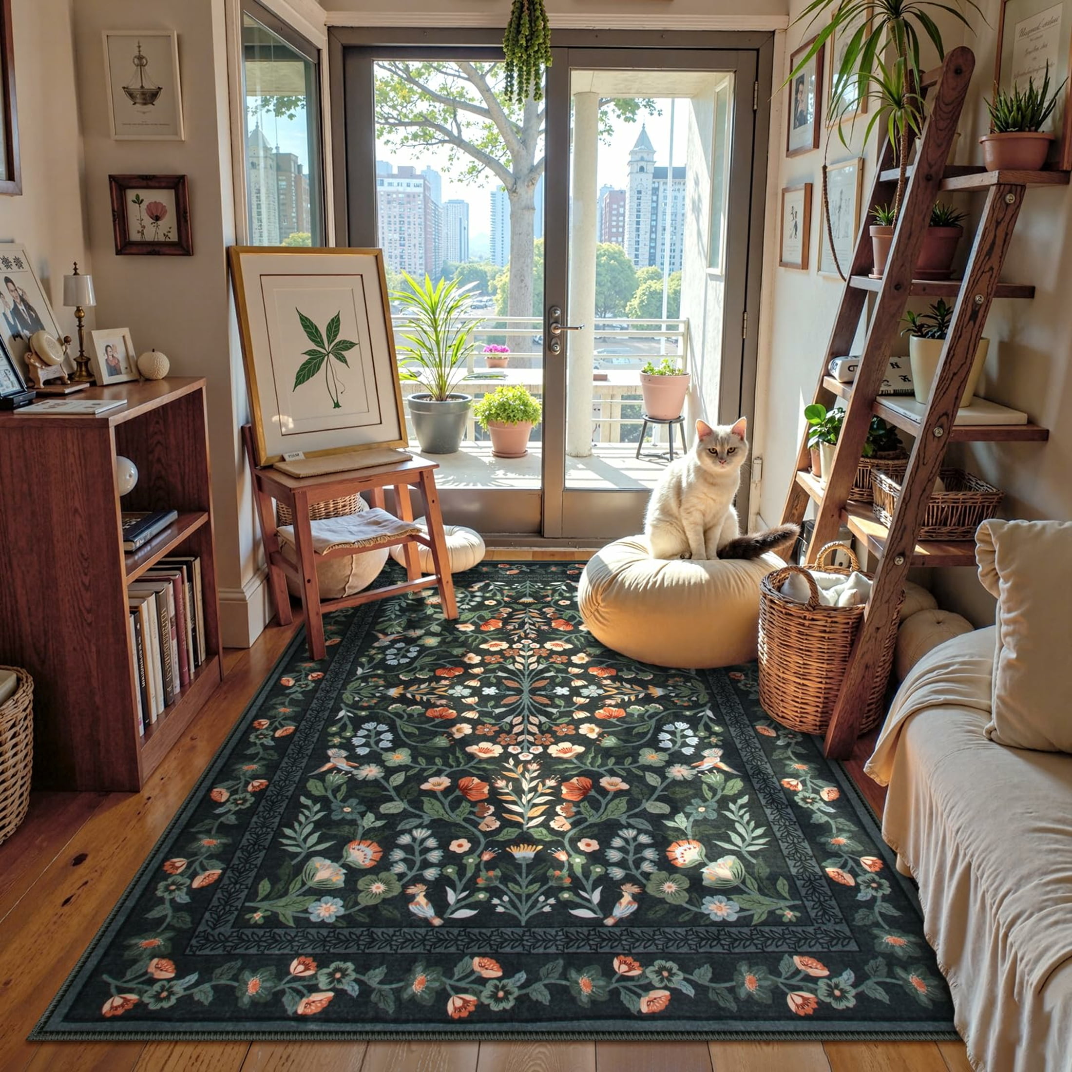 Moynesa 5'x7' Floral Area Rugs for Living Room, Washable Vintage Botanical Rugs for Bedroom, Soft Non Slip Cottagecore Flower Accent Carpet for Dining Room Dorm Apartmen, Black
