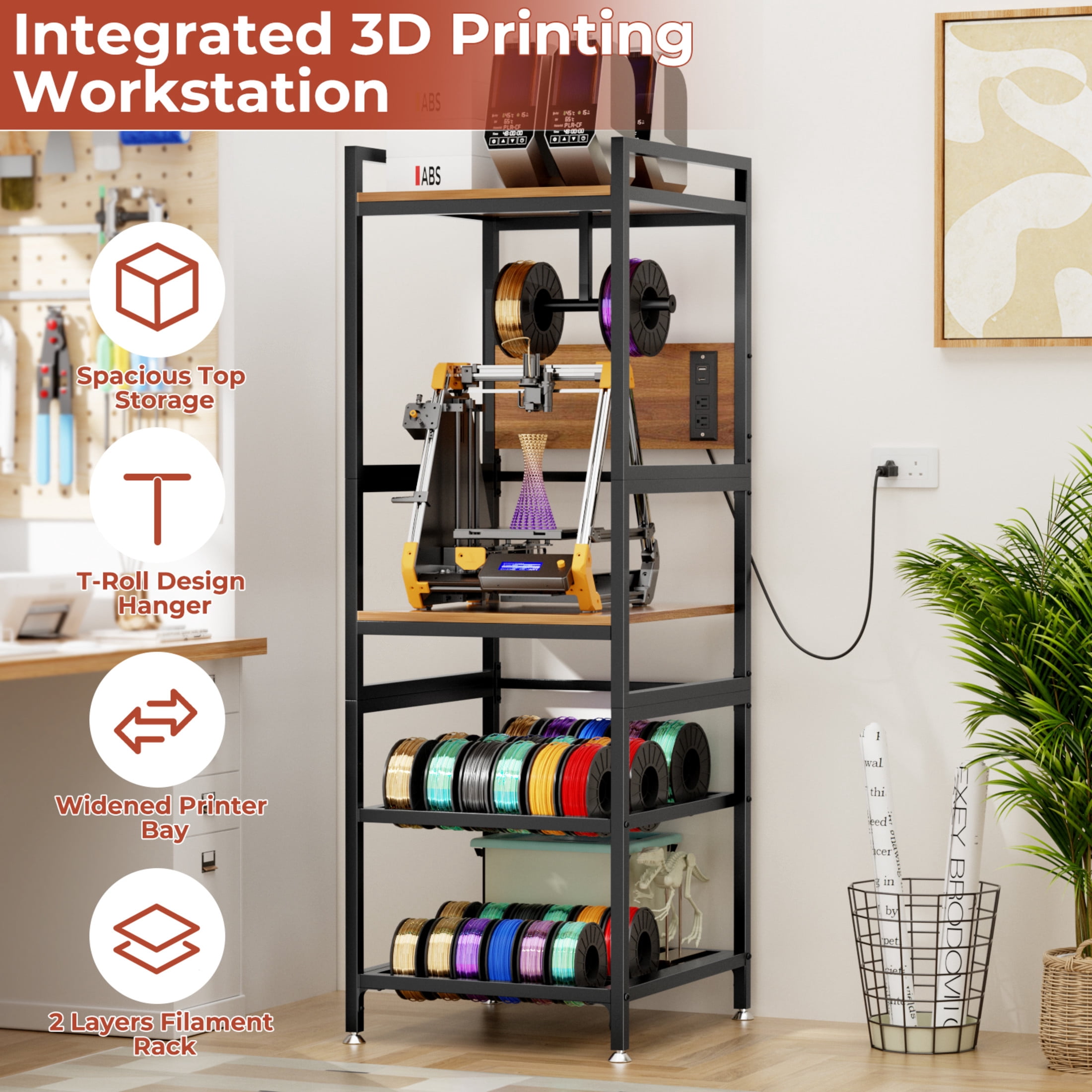 Noble House 3D Printer Stand with Filament Storage, Heavy-Duty Metal Workstation with Power Panel, Black