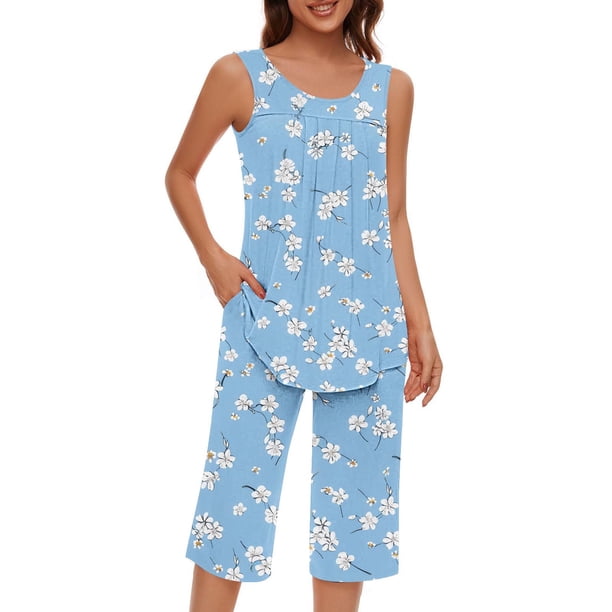 Conjunto de Ropa de Estar de Mujer Cuello Redondo Impresión Blusa sin Mangas Pantalones Cortos, Pantalones de Cintura Elástica para las Mujeres