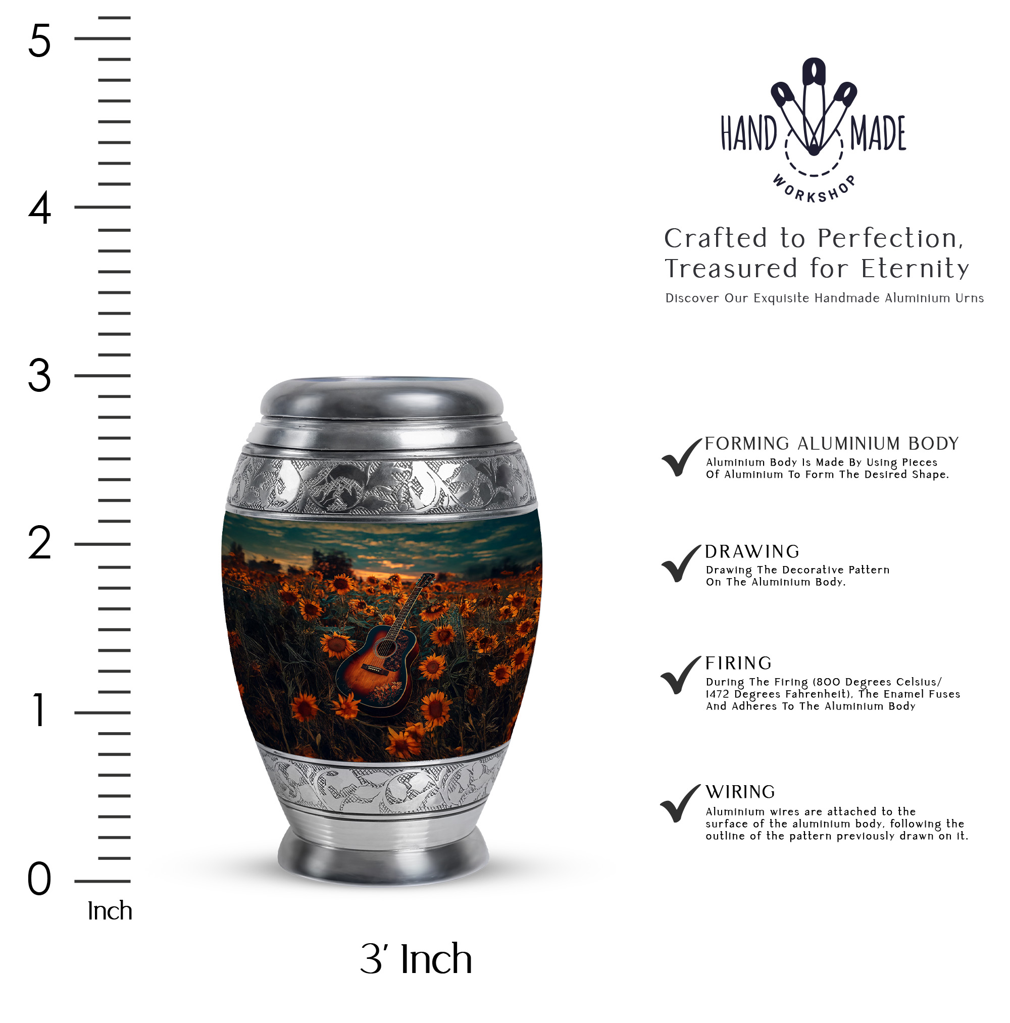 MUKTIVE Guitar & Sunflowers Cremation Urns for Human Ashes for Male Keepsake - Blue Small Funeral Urns for Human Ashes for Men - Memorials Ash Holders - Remembrance Gift for Loss of Mother (3 Inch)