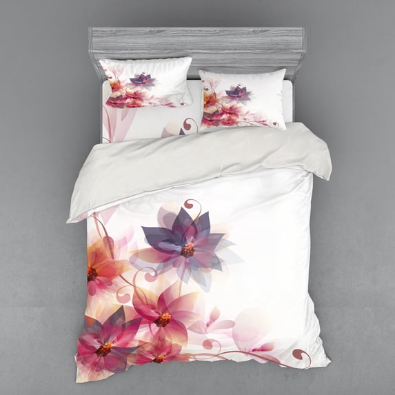 Ambesonne Abstract Bedding Set 4 Pcs, Flowers Burt and Leaf, Queen, Pink Purple and Orange