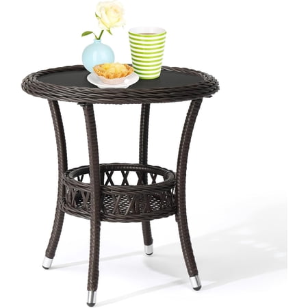 Dark Brown Outdoor Wicker Side Table with Tempered Glass Top - Patio End Table with Storage for Porch Balcony Deck - Weather-Resistant Garden Furniture