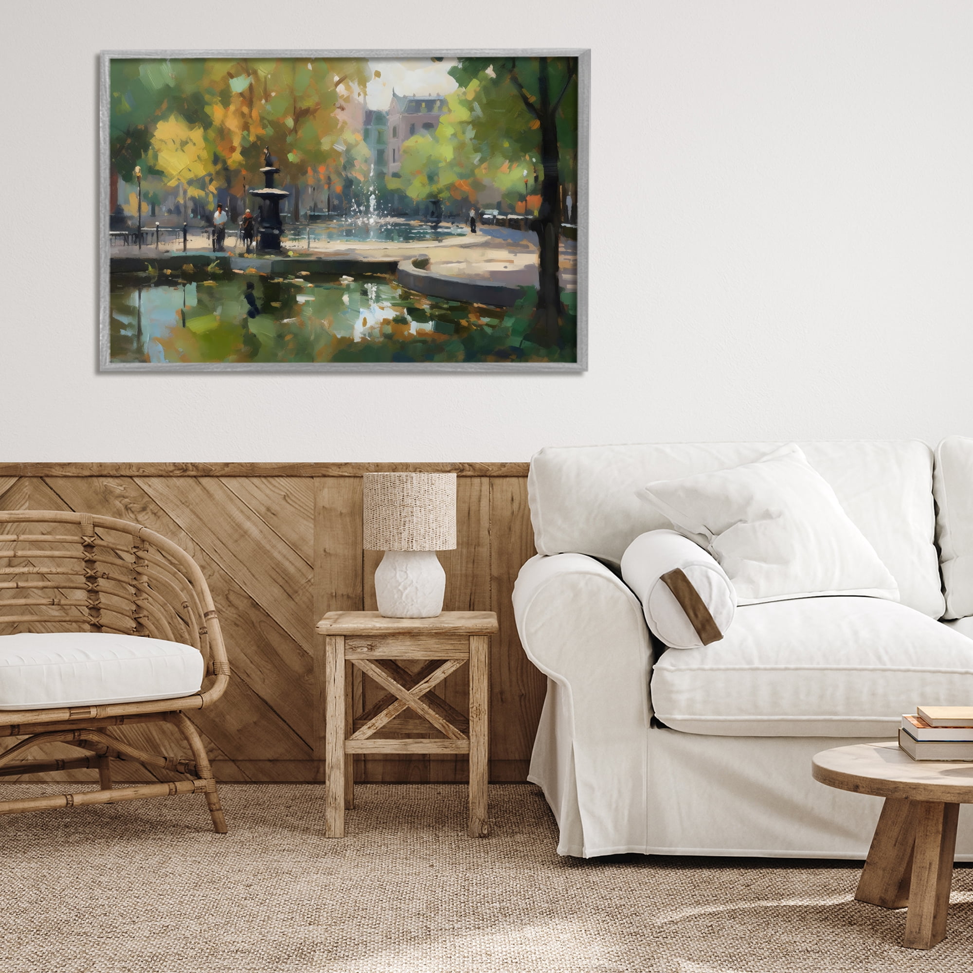 Stupell Industries Autumn Reflections at Park Fountain Gray Framed Giclee Art, design by Creative Studio