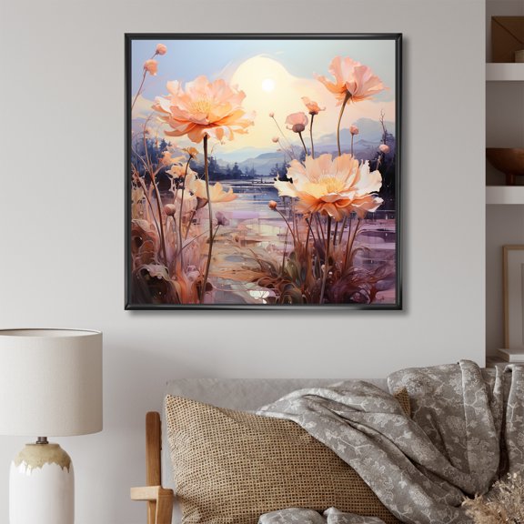 Designart "Scenic Glass Floral Mountain" Flowers Floater Framed Canvas Art Print