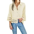 thumbnail image 2 of Womens 3/4 Bell Sleeve Button Down Shirts Casual Ruffle Hem Tops Eyelet Blouse Light Yellow M, 2 of 8