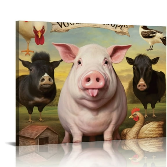 COMIO Farm Animal Decor Wall Art Country Rooster Cow Pig Pictures Farmhouse Canvas Painting Framed Artwork for Kitchen Bedroom Living Room