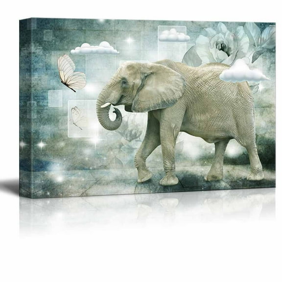 wall26 - Canvas Wall Art - Abstract Wild Animal Series (12" x18, Elephant and Butterflies)