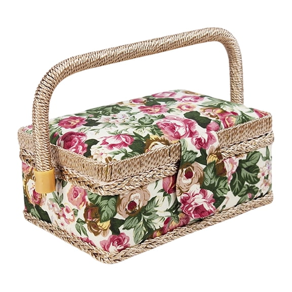 Gnwei Large Vintage Sewing Basket, Sewing Basket with Rose Floral Print Design- Sewing Kit Storage Box with Removable Tray, Built-In Pin Cushion and Interior Pocket - 7.5" x 5.1" x 3.9"