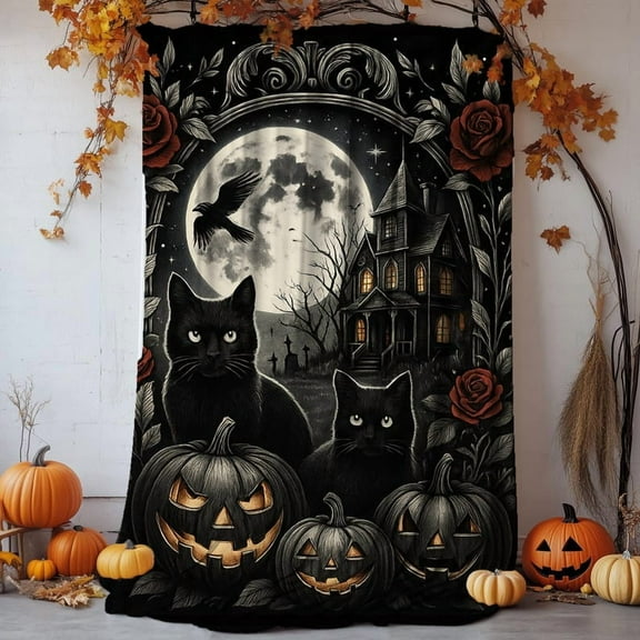 Gothic Halloween Blanket with Black Cats & Pumpkins, Plush Throw, Dark Moon Decor, Spooky October Vibes, Halloween blanket Gift, Cozy Throw Blanket