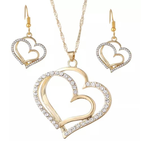 HOOUN 925 Sterling Silver Plated Crystal Bridal Heart Shinny Necklace Earring Set-Gold