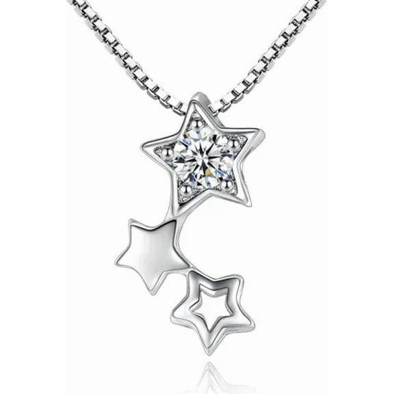 Womens 925 Silver Excellent Luminous Crystal Star Pendant Necklace Chain Jewelry-Silver[s204]