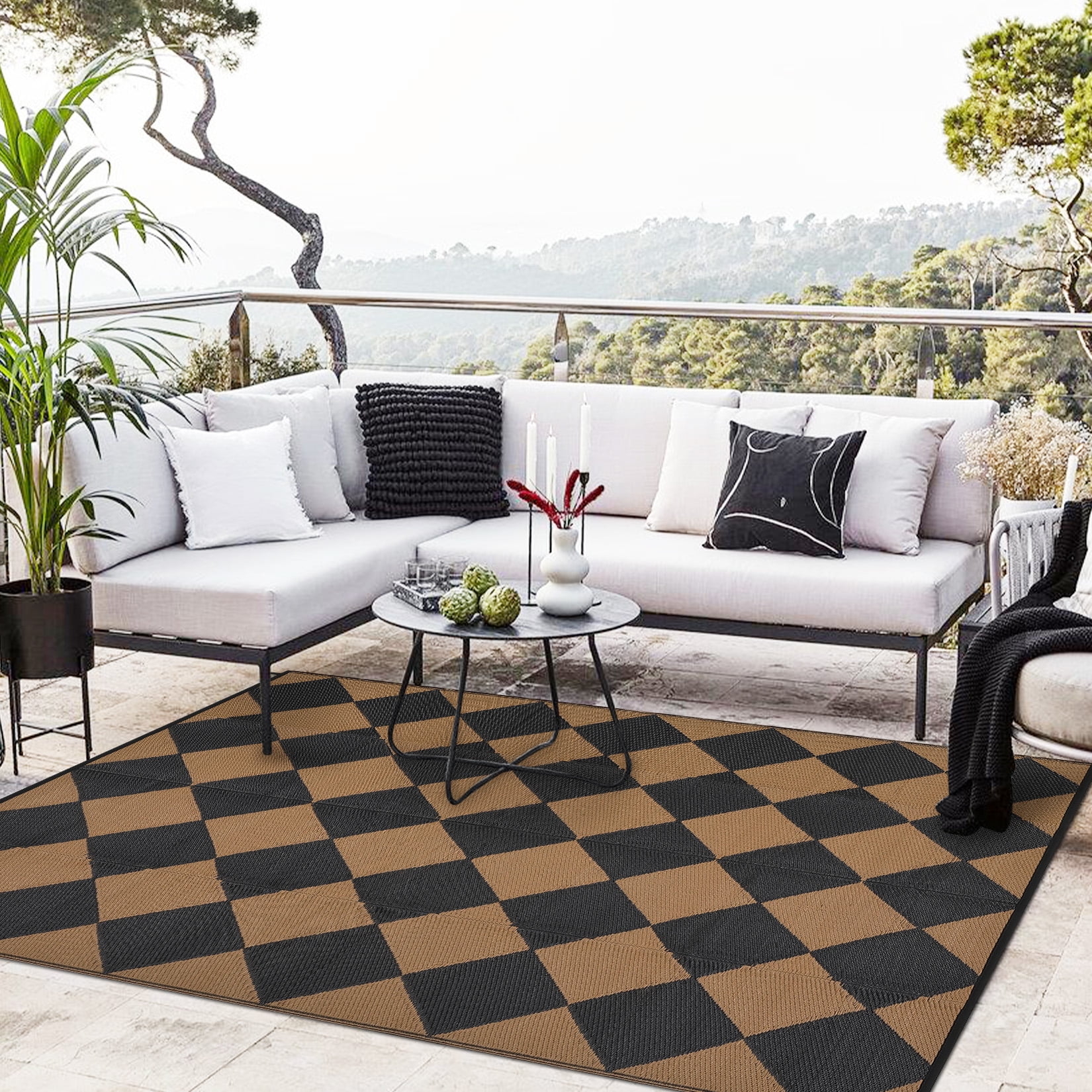 Twister.CK Outdoor Rug 9'x18' Waterproof Patio Rug, Reversible Lightweight Plastic Carpet for Deck Balcony Porch Decor, Black and Brown