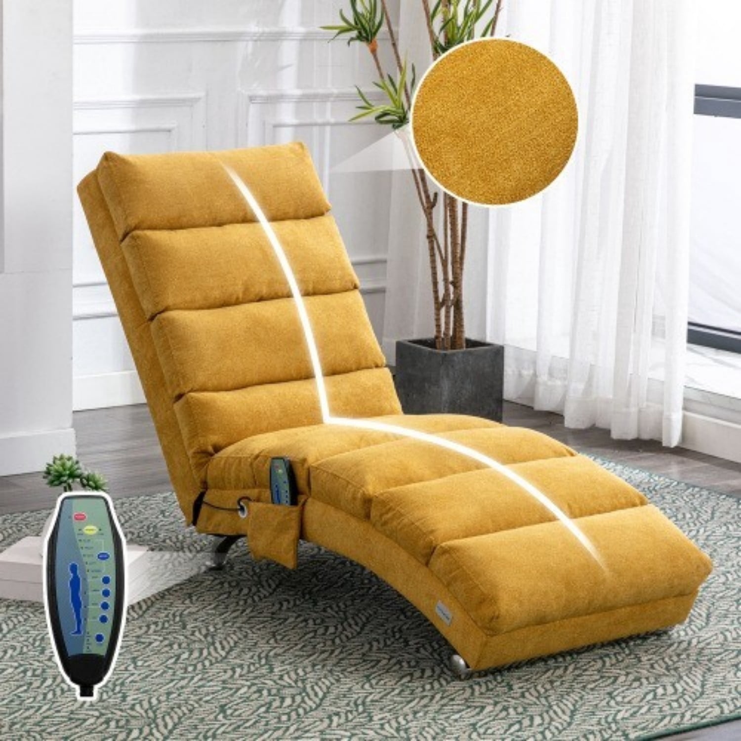 Upholstered Chaise Lounge Chair with Vibration, Modern Fabric Leisure Recliner with Ergonomic Fixed Back, Side Pocket & Lumbar Pillow, 300 lbs Capacity, Mustard