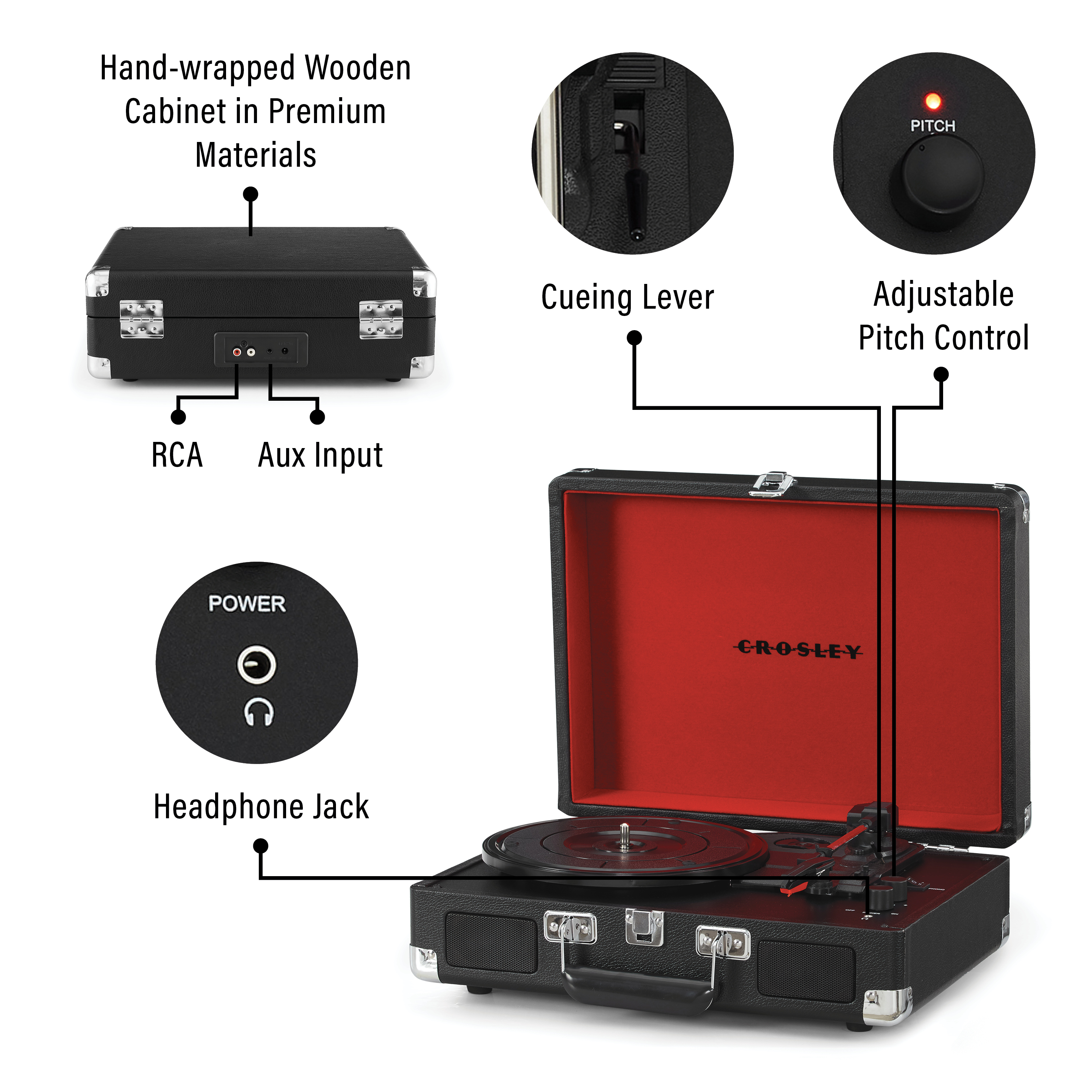 Vinyl Record Player with Speaker Bluetooth Turntable Vintage Portable Vinyl  Player Support USB AUX-in Headphone RCA Line-Out Adjustable Needle Pressur 