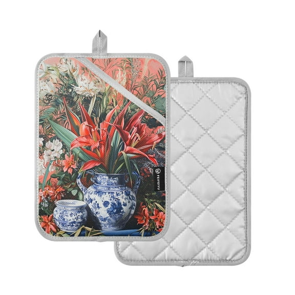 Yayeee Pot Holders Kitchen Heat Resistant with Pocket 7"x9.8" Cotton Oven Cooking Hot Pads, Red Vibrant Flowers