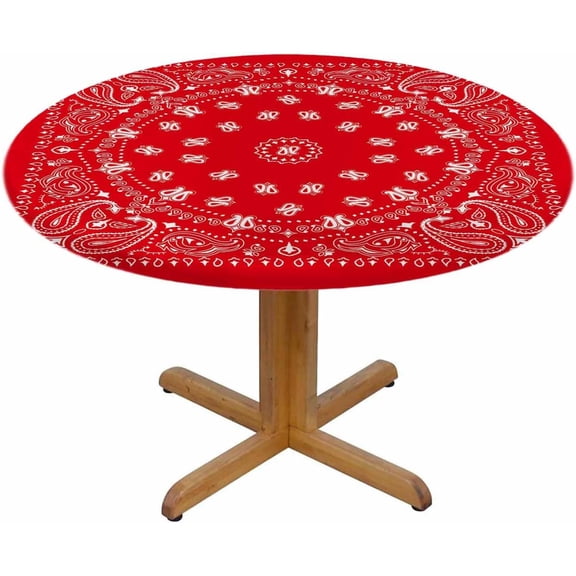 Eastern Motifs Round Table Cloth Classic Red White Bandana Pattern Elastic Edged Table Cover Fade and Stain Resistant Table Cloths Easy to Clean Fits Tables 40-44" Diameter