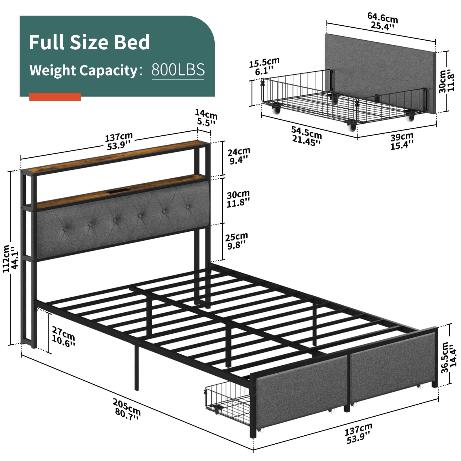 Full Size LED Light Bed Frame with Storage Headboard and USB Ports,Bed Platform with Drawers, RGB Lights