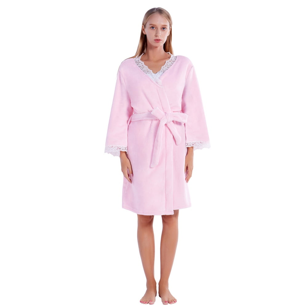 Women Plush Robe Lace Short Fleece Robes Soft Warm Spa Bathrobe ...