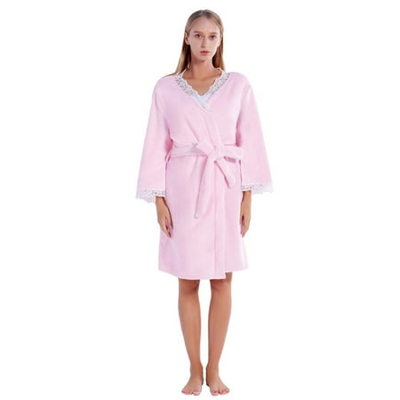 

Women Plush Robe Lace Short Fleece Robes Soft Warm Spa Bathrobe