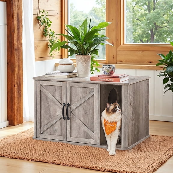 LEDREM Single Cat Litter Box Enclosure with Front Entry, Hidden Litter Box Furniture with Double Doors, Side End Table, 33.5 x 19.5 x 19 Inches, Heather Greige