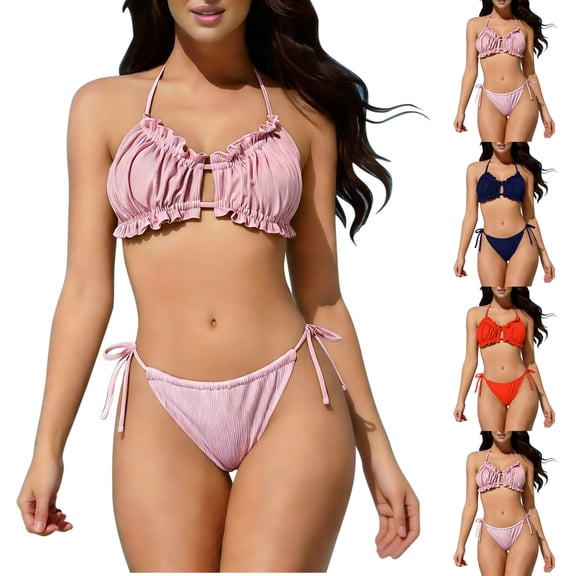 QIUOMBBP Women's String Bathing Suit Backless Cutout Front Halter Bikini Top with Tie Side Bottom High Cut 2 Piece Swimsuit for Water Sport Blue L