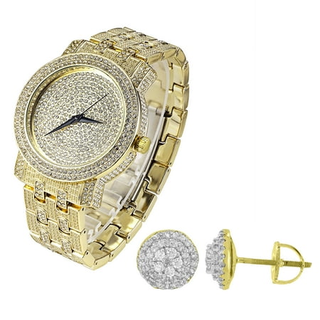 - Iced Out Hip Hop Watch Gold Tone Simulated Diamonds Bling Analog Quartz Mens