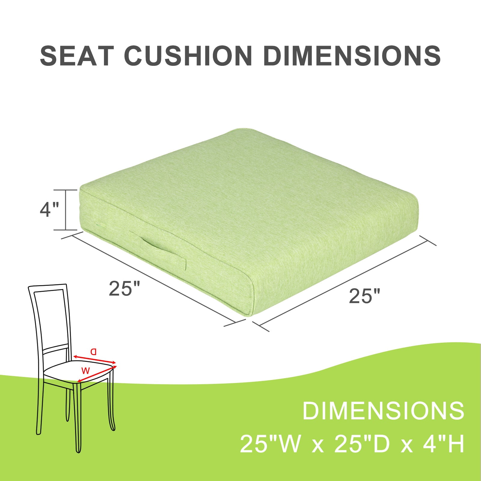 Aoodor Patio Chair Cushions Set of 2, 25 x 25 x 4 Inch Water Resistant Outdoor Seat Cushions with Handle and Ties, Square Corner Cushions for Patio Furniture Garden Lawn, Green