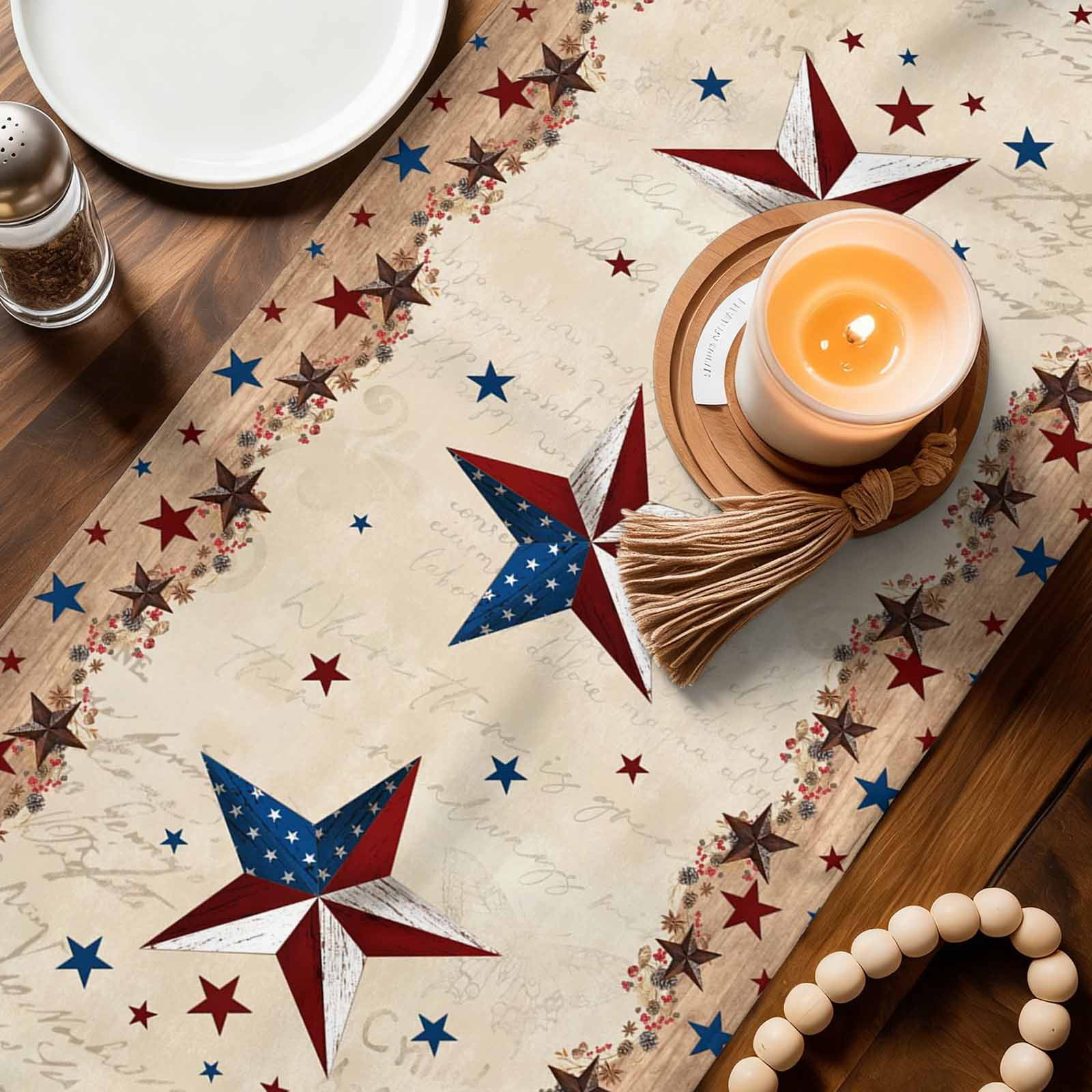 Independence Day Table Runner, Vintage U.S. Flag Country Stars Retro Letter Cotton Linen Kitchen Table Decoration Washable Dining Tabletop Runners for Home Party Decor 13x120 Inches