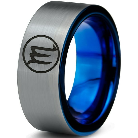 Tungsten Horoscope Scorpio Band Ring 8mm Men Women Comfort Fit Blue Flat Cut Brushed Gray Polished
