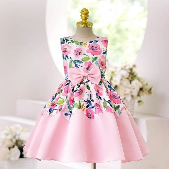 Lilgiuy Girls Princess Dresses Comfortable Flowers Print Bow Puff Gown Wedding Birthday Party Long Dress 2-10 Years