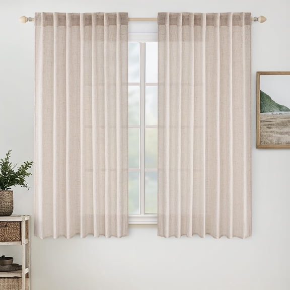 Natural Linen White Curtains 52 Inch Wide x 60 Inch Long 2 Panels Semi Sheer Light Filtering Back Tab and Rod Pocket