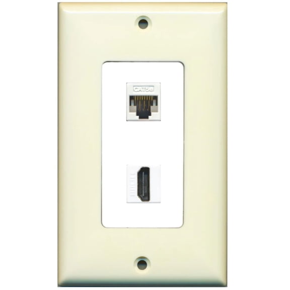 RiteAV - 1 Cat5e Ethernet and 1 HDMI Decorative Wall Plate - Light Almond/White - Bracket Included