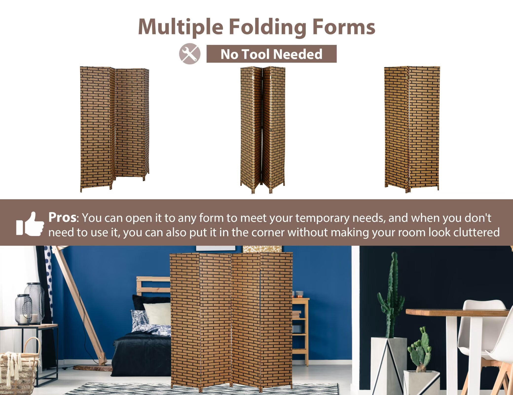 YRLLENSDAN,4 Panels,Room Divider Panel,Wall Divider for Room Separation,Privacy Screen Indoor,Foldable,Portable,Wooden,Independent Type,Brick