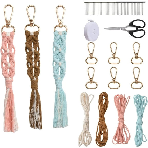 Boho Macrame Keychain Kit, 3 Colors DIY Rhombic Knot Weaving Keychain Bag Charms Knitting Kit for Car Key Purse Phone Wallet