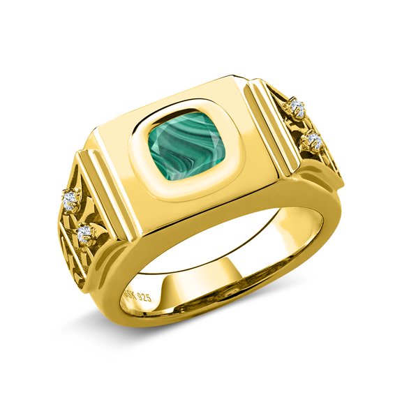 Gem Stone King Men's 18K Yellow Gold Plated Silver Cushion Green Malachite Ring (3.04 Cttw, Gemstone Birthstone, Size 10)