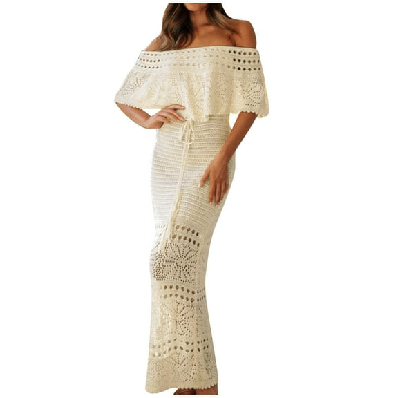 Women's Crochet Knitted Off the Shoulder Dress Hollow Lace Up Elegant Beach Party Cover Up Maxi Long Dresses